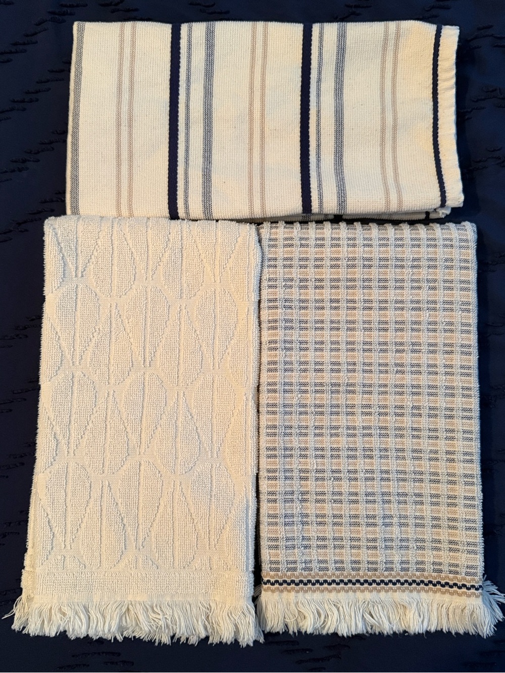 NWOT Bianca 100% Cotton Cream & Navy Kitchen Towel Set - 3-Pack